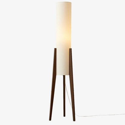 Solid Walnut Floor Lamp – Tripod Wood Base with Cylindrical Fabric Shade